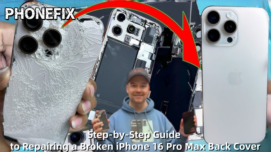 Cracked iPhone 16 Pro Max back cover shown before and after repair, with repair guide overlay.