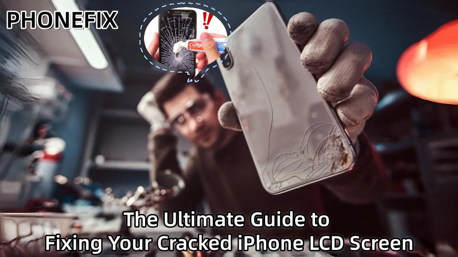 Technician in workshop holds cracked iPhone LCD screen, guide for phone screen repair.