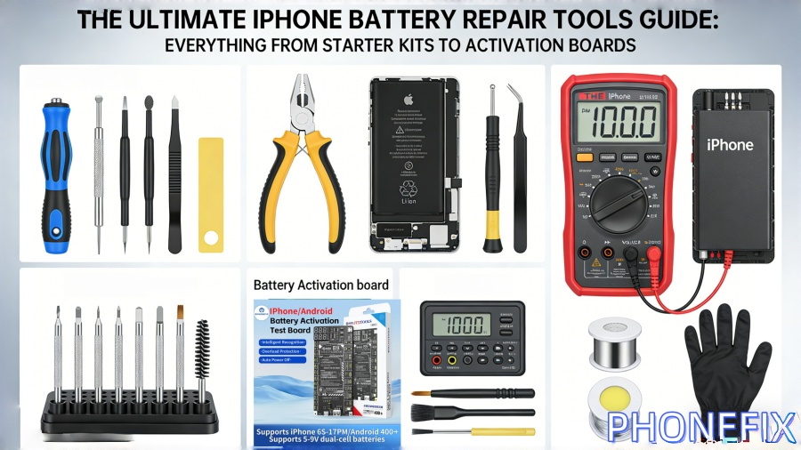 iPhone battery repair tool kit with screwdrivers, pliers, battery activation boards, multimeter, soldering wire, gloves, and phone logic board displayed on a white background.