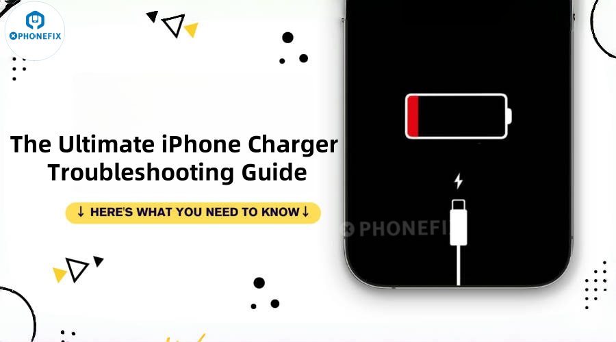iPhone with low battery and charging cable, iPhone charger troubleshooting guide graphic