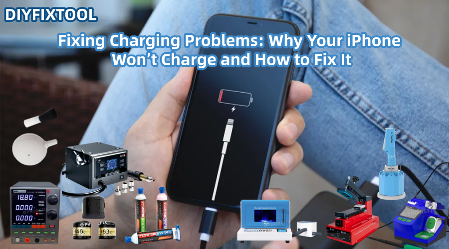 Person holding iPhone with charging issue, surrounded by phone repair tools and accessories.