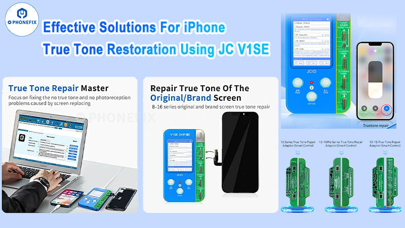 JC V1SE iPhone True Tone repair tool with adapters restoring True Tone on mobile screens