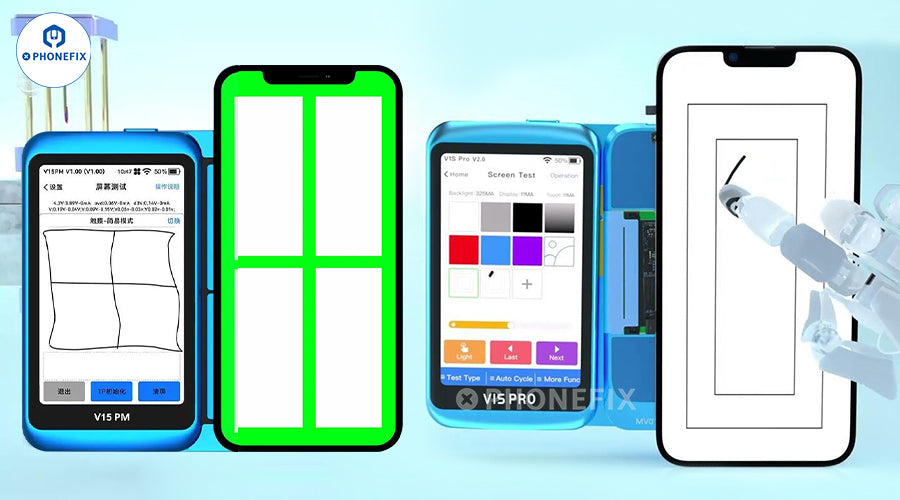 Mobile phone screen tester and test tools showing display diagnostics and robotic hand touchscreen test