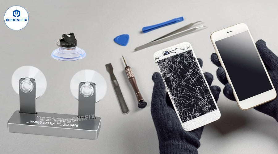 Mobile phone screen repair tools set with suction cups, screwdrivers, and person holding cracked and fixed smartphones.