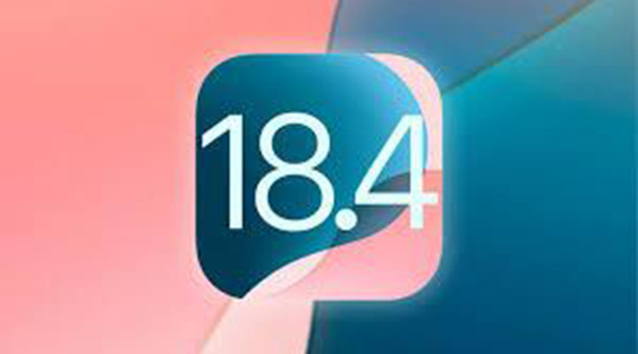 iOS 18.4 logo on abstract colorful background, smartphone software update visual