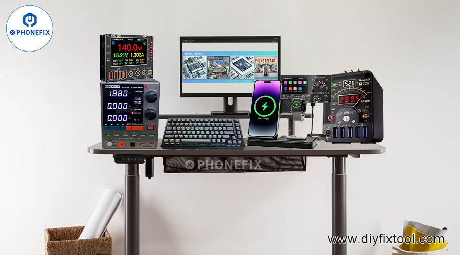 Mobile phone repair workstation with power supply tools, devices, wireless charger, and monitor.
