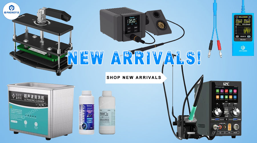New arrivals of mobile phone repair tools featuring ultrasonic cleaner, soldering station, and LCD tester on blue background.