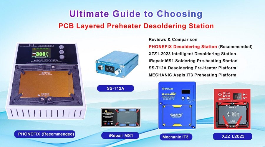 Various PCB preheater desoldering stations for mobile phone repair, with product comparisons.