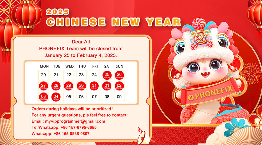2025 Chinese New Year holiday notice with a festive calendar, red lanterns, and cute dragon mascot holding a PHONEFIX sign.
