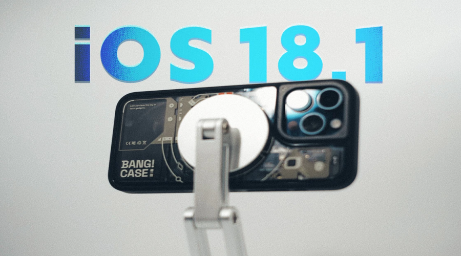 iPhone with transparent case and MagSafe mount in front of iOS 18.1 sign