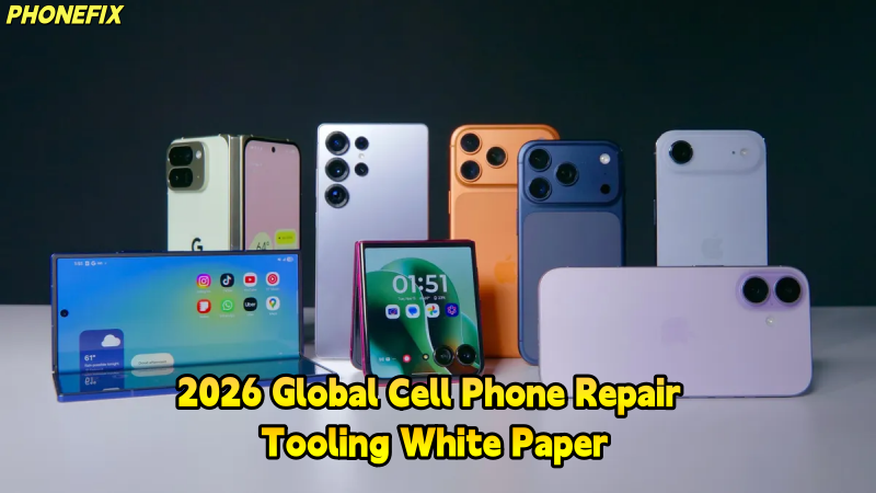Assorted modern smartphones on display promoting 2026 global cell phone repair tooling white paper.