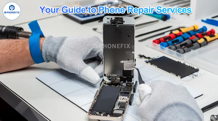 Technician repairing smartphone with precision tools on workbench, phone repair service guide