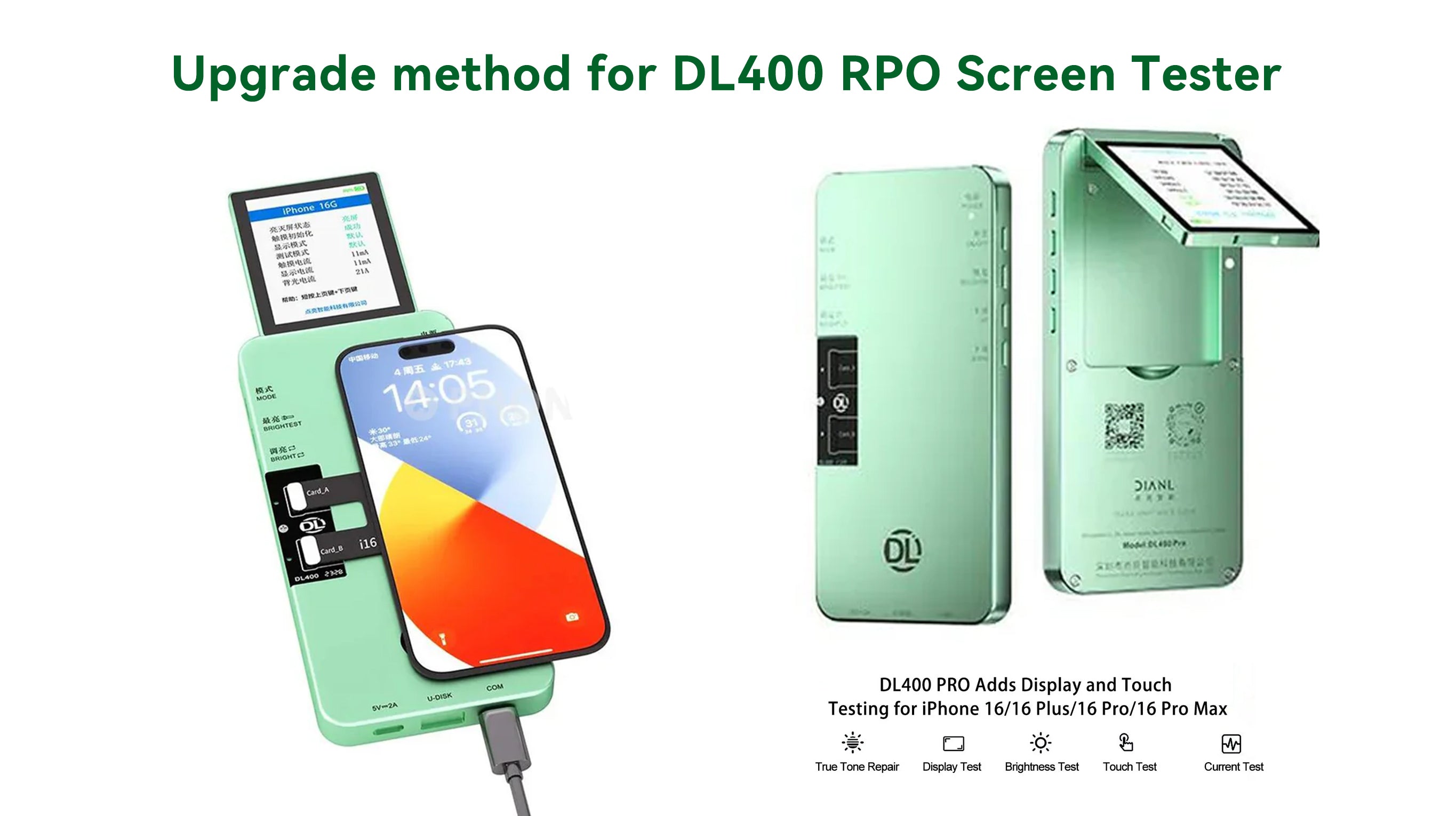 DL400 PRO screen tester for iPhone 16 series, showing device connected to phone for display and touch testing.