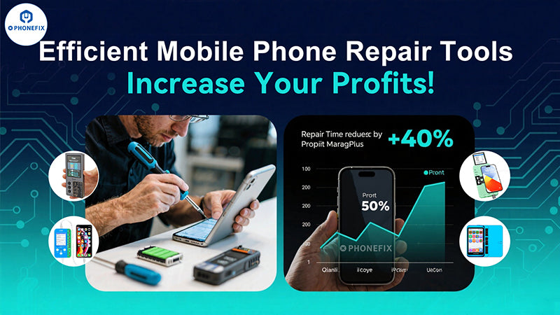 Person using mobile phone repair tools, smartphone diagnostics, profit increase chart, tech background
