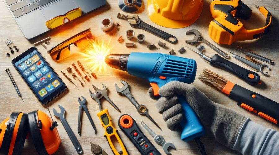 Hand holding blue heat gun with sparks, surrounded by phone repair tools and safety gear.