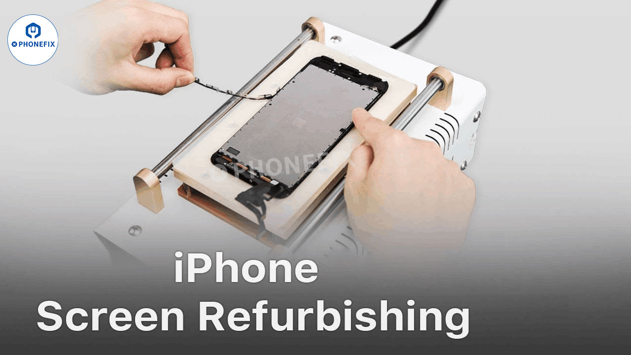 Hands refurbishing an iPhone screen with a screen separator machine for phone repair