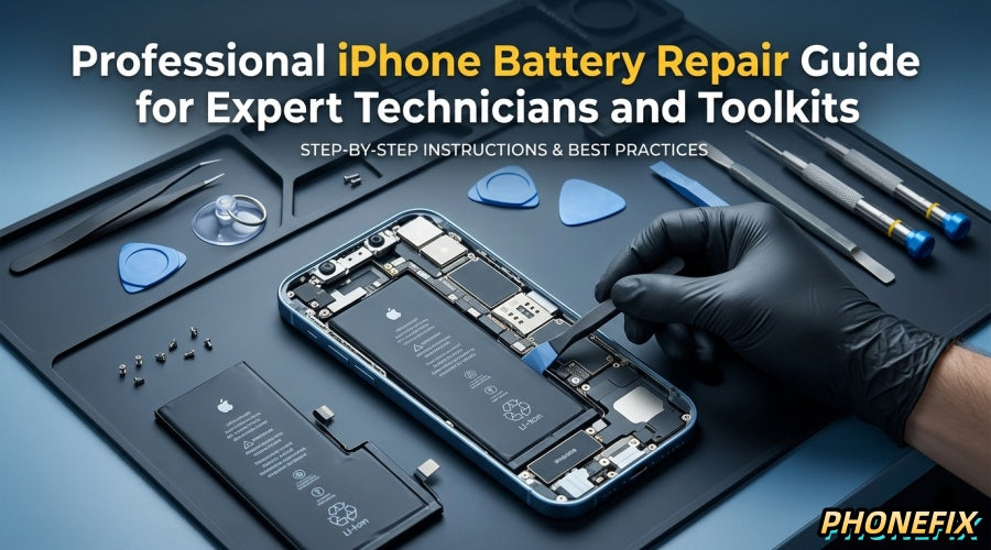 Technician using tools to repair an iPhone battery with step-by-step guide text overlay.