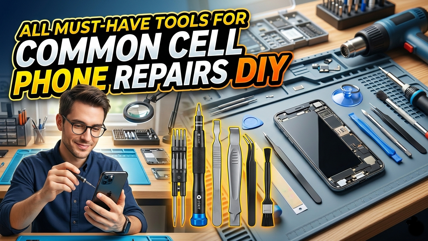 DIY mobile phone repair tools kit with screwdrivers, tweezers, pry tools, and open smartphone on workbench.