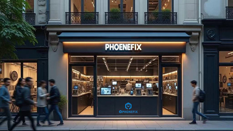 Modern phone repair shop exterior with PHOENEFIX sign, tech displays, city sidewalk