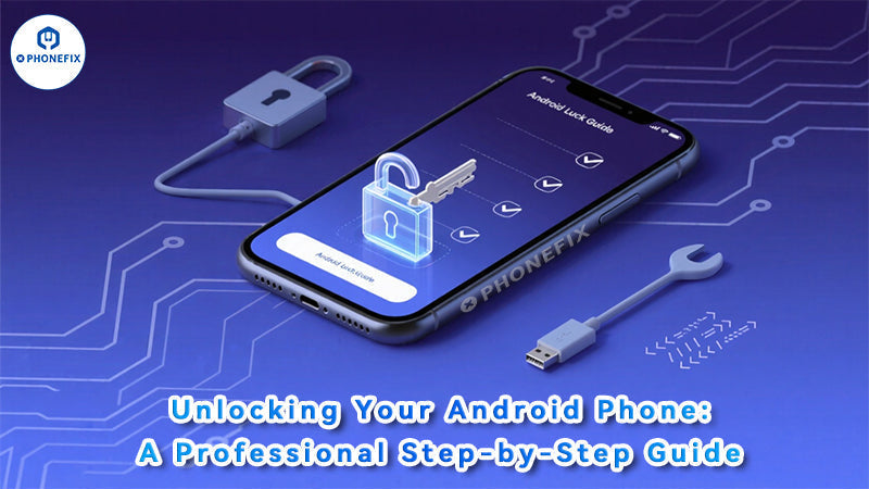Android phone unlocking guide illustration with lock, key, and repair tool icons on blue tech background