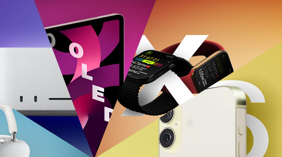 Collage of smart devices including smartwatches, tablet, desktop, headphones, and smartphone