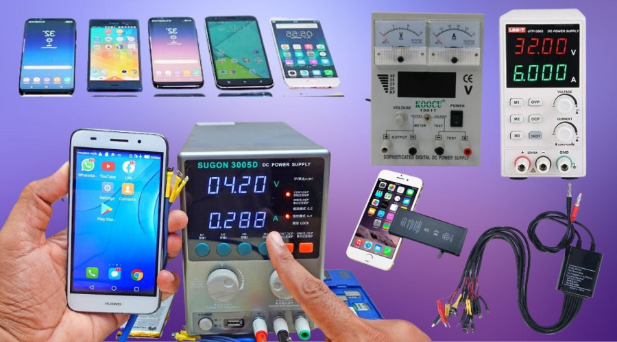 Mobile phone repair tools including DC power supply, battery tester, smartphones, and cables on a purple background