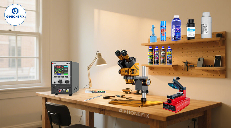 Mobile phone repair workstation with microscope, power supply, soldering tools, repair liquids, and accessories.