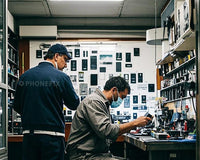 Technicians repairing mobile phones at a workbench with phone parts and tools in workshop
