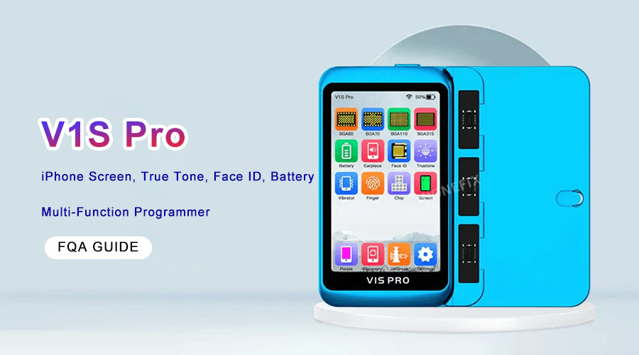 V1S Pro multi-function programmer for iPhone screen, Face ID, battery repair shown in blue.