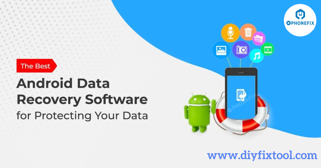 Android data recovery software banner with Android mascot, smartphone, and data backup icons