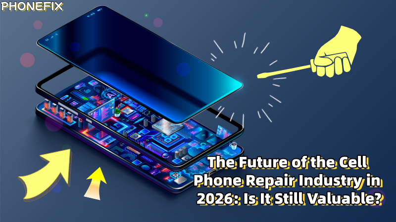 3D graphic of a smartphone with exposed circuitry, arrows, and text about future phone repair industry