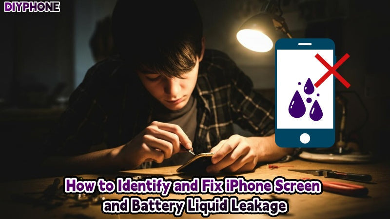 Technician repairing phone with tools, graphic of phone liquid leakage issue in workshop setting