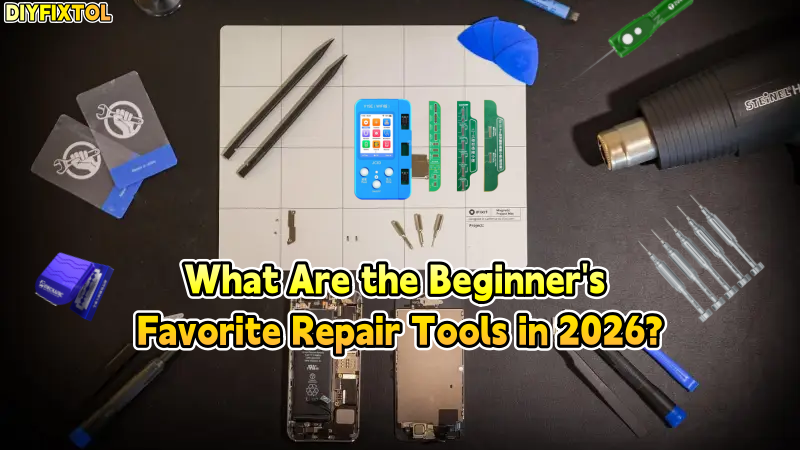 Mobile phone repair toolkit with screwdrivers, circuit boards, and heat gun on work surface