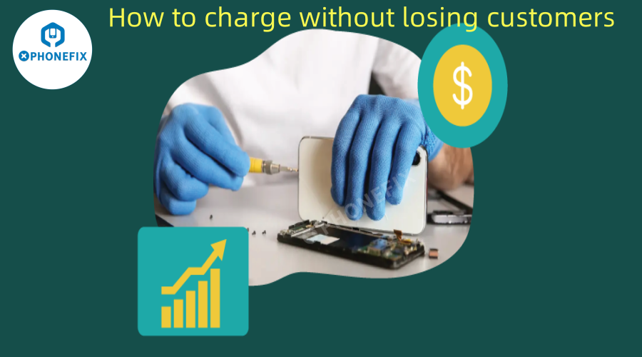 Technician in gloves repairing smartphone with money and growth icons, mobile phone repair concept.