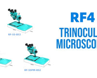 Three RF4 trinocular microscopes models for electronics repair on white background