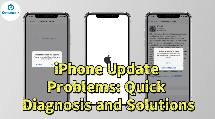 Three iPhones showing software update errors with text: iPhone update problems, diagnosis and solutions