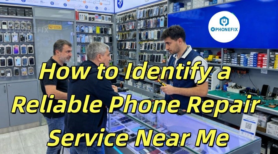 Technician assisting customers at mobile phone repair shop with parts and tools on display.