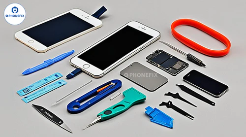 Mobile phone repair tools kit and smartphone parts arranged on a gray surface