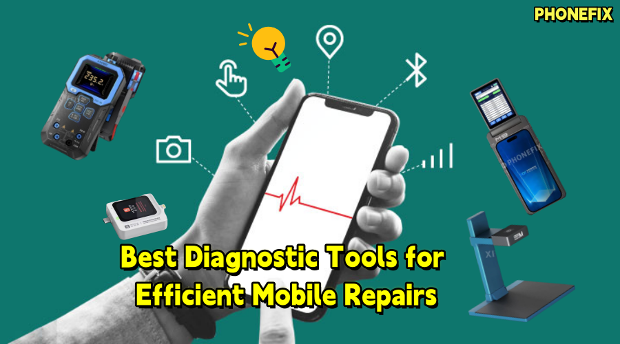 Hand holding smartphone with diagnostic tools and icons, highlighting mobile phone repair equipment.