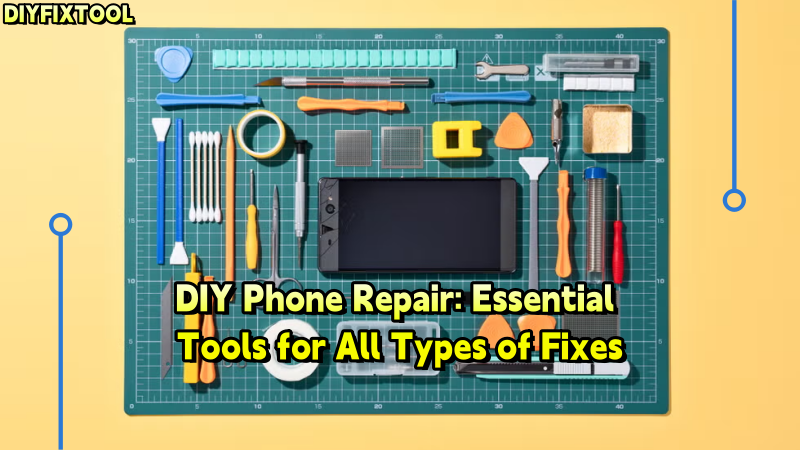 Mobile phone repair tool kit with screwdrivers, prying tools, and parts on a cutting mat