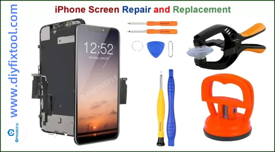 iPhone screen repair replacement kit with display, screwdrivers, suction tools, and pry tools.