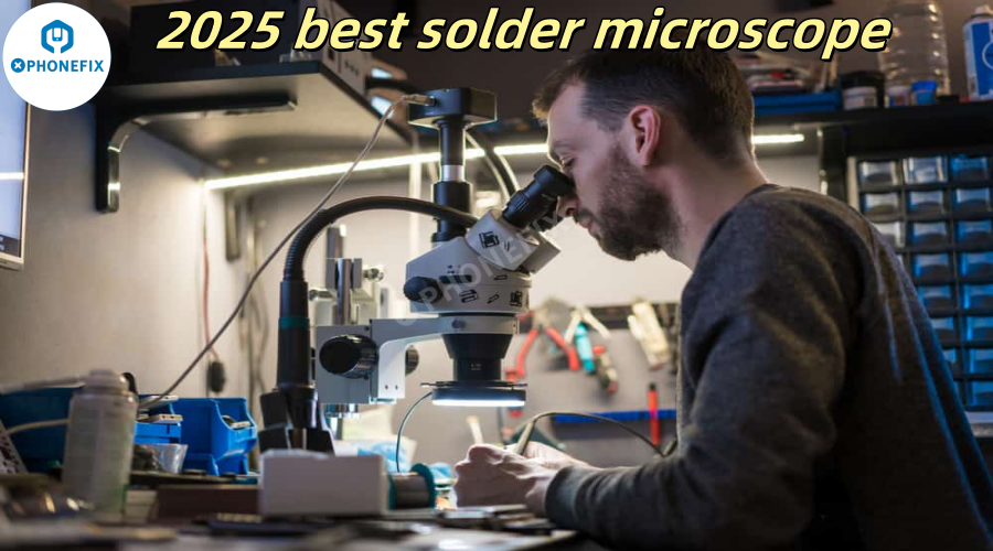 Technician using soldering microscope for phone repair in electronics workspace