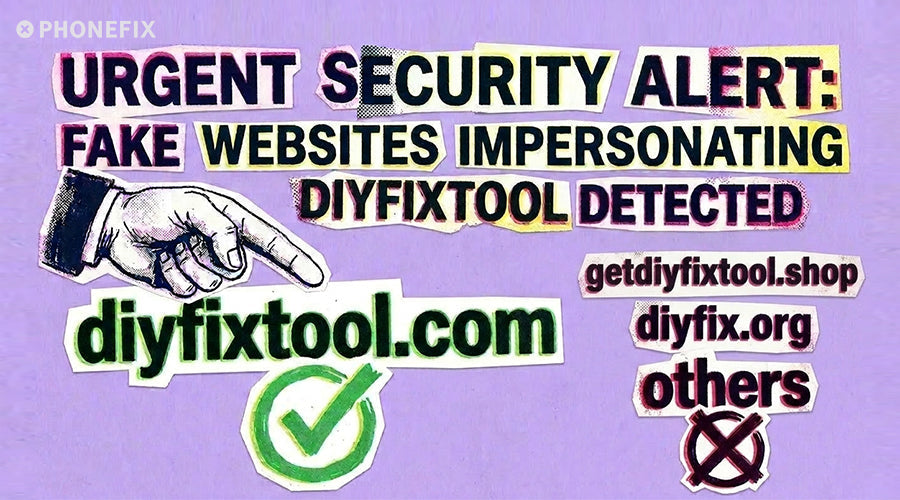 Urgent security alert about fake websites impersonating diyfixtool.com, with safe and unsafe website examples.