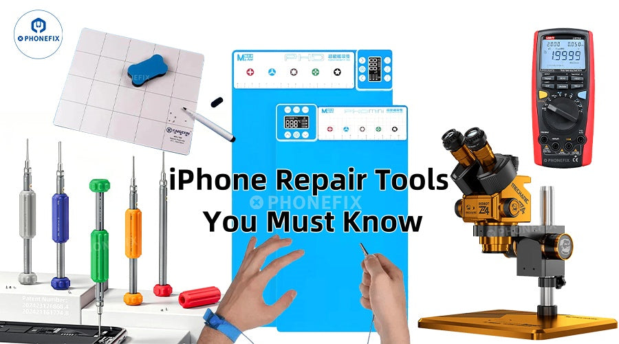 Assorted professional mobile phone repair tools, screwdrivers, multimeter, precision microscope, and repair mat on white background with text 'iPhone Repair Tools You Must Know'.
