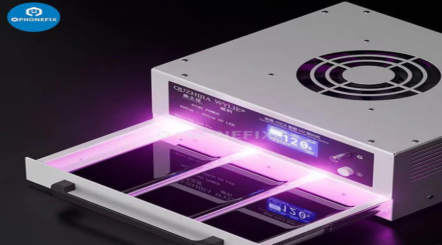 UV curing machine for mobile phone screen repair with digital temperature display and fan.