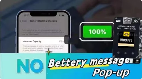 Phone screen showing battery health at 100% with W09 Pro battery pop-up tester, no warning message.
