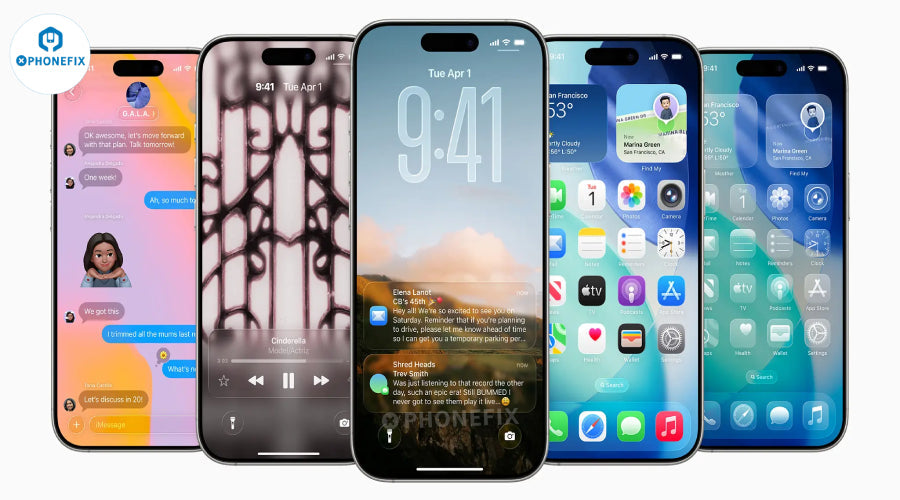 Multiple modern smartphones with vibrant screens displaying apps, messaging, music, and widgets.