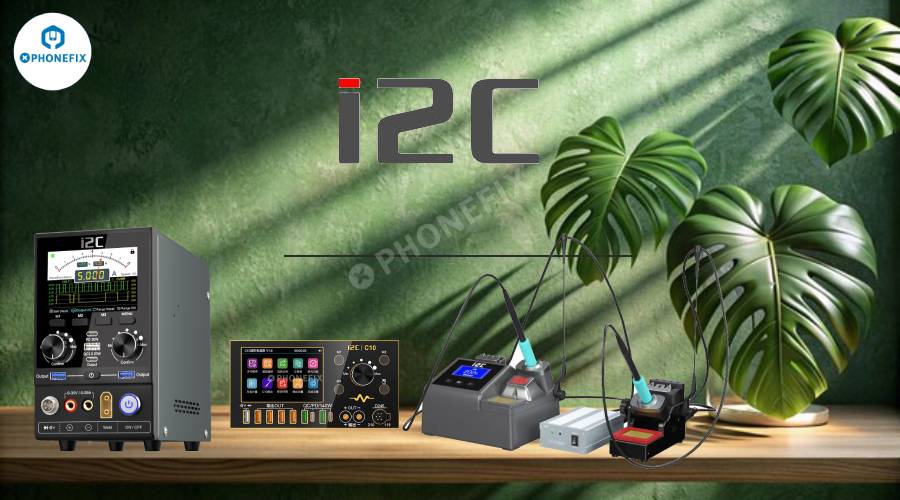 Phone repair tools and soldering stations on wooden table with green wall, monstera leaves, and i2C branding.
