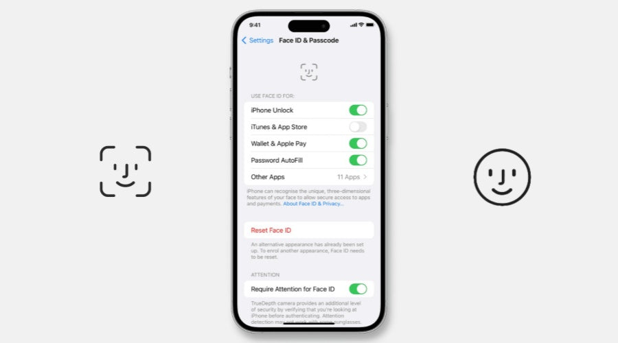 iPhone Face ID settings screen with Face ID icons on a white background, highlighting biometric unlock options.