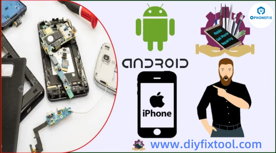 Mobile phone repair tools, opened smartphones, Android and iPhone icons, DIY fix website